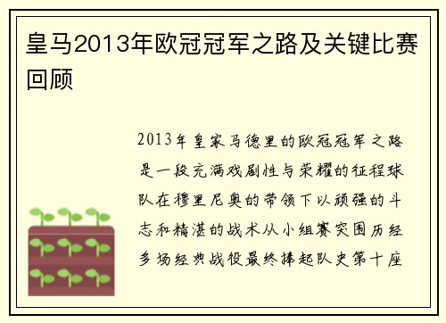 皇马2013年欧冠冠军之路及关键比赛回顾