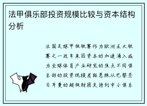 法甲俱乐部投资规模比较与资本结构分析